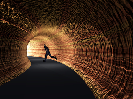 Conceptual 3D business man, dark road tunnel with bright light at the end backgroundの写真素材