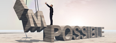 Conceptual 3D business man standing over abstract stone impossible text over rainbow sky bannerの写真素材