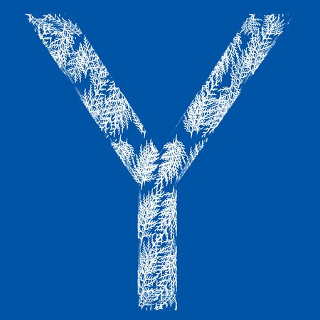 3D white grass or fir tree Christmas font with ornaments on blue backgroundの写真素材