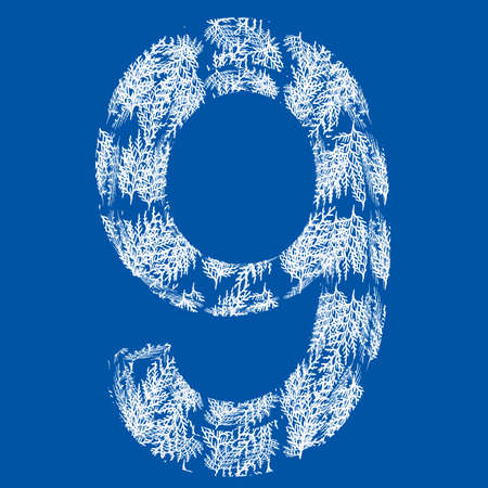 3D white grass or fir tree Christmas font with ornaments on blue backgroundの写真素材