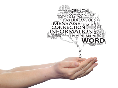 Conceptual communication tree word cloud hand backgroundの写真素材