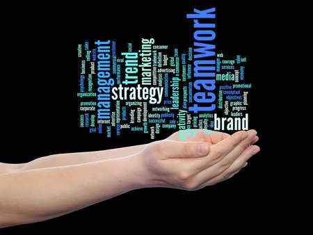 Conceptual business word cloud in hands isolated on backgroundの写真素材
