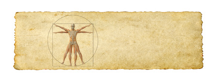 Concept or conceptual vitruvian human body drawing on old paper background bannerの写真素材