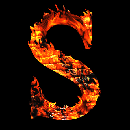 Conceptual red hot burning fire font  in red and orange flames isolated on black backgroundの写真素材