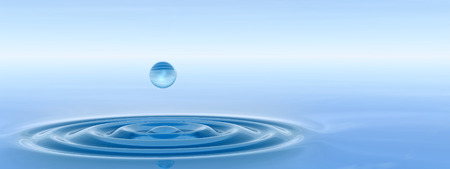 Conceptual blue liquid drop falling in water with ripples and waves background bannerの写真素材