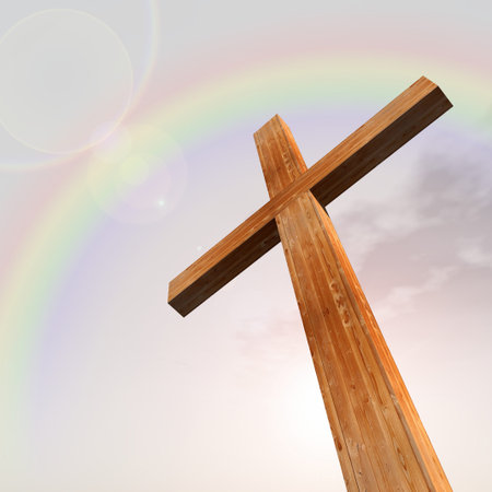 Concept or conceptual wood cross or religion symbol shape over a blue sky with clouds backgroundの写真素材