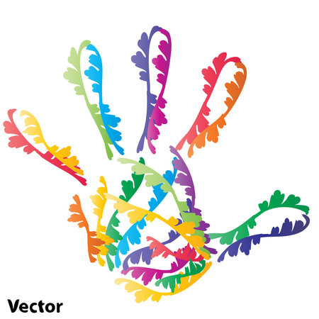 Vector concept or conceptual abstract human child or kid hand print made of ornament colorful lines isolated on white backgroundのイラスト素材