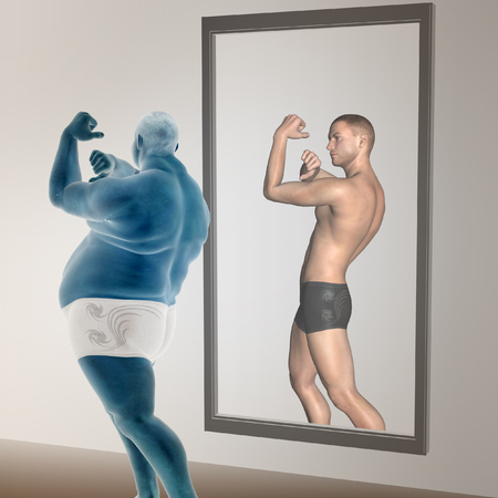 Human man fat and slim concept in mirrorの写真素材