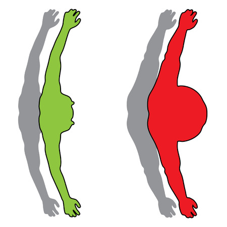 Vector concept or conceptual 3D fat overweight vs slim fit diet with muscles young man isolated on white backgroundのイラスト素材