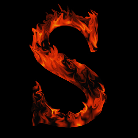 Conceptual red hot burning fire font  in red and orange flames isolated on black backgroundの写真素材