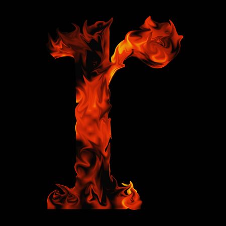 Conceptual red hot burning fire font  in red and orange flames isolated on black backgroundの写真素材