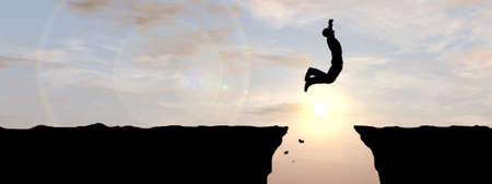 Concept or conceptual young 3D man or businessman silhouette jump happy from cliff over  gap sunset or sunrise sky background bannerの写真素材