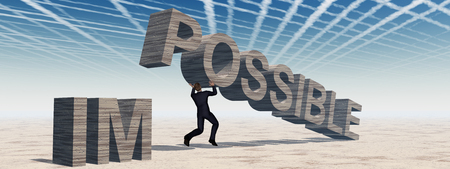 Concept conceptual 3D business man lifting an abstract stone impossible text on sky backgroundの写真素材