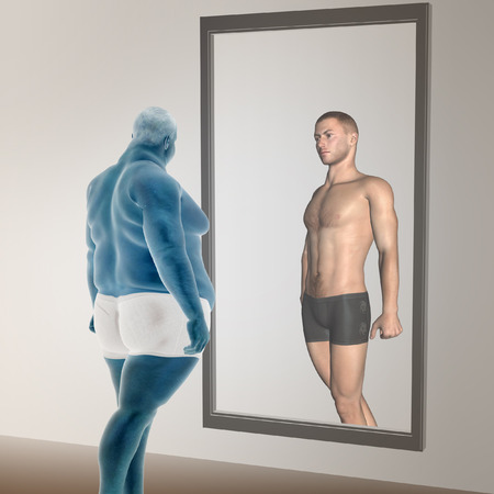 Human man fat and slim concept in mirrorの写真素材
