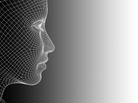 Concept or conceptual 3D wireframe young human female or woman face or head on black and white backgroundの写真素材