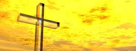 Conceptual glass cross or religion symbol silhouette on water landscape over a sunset or sunrise sky bannerの写真素材