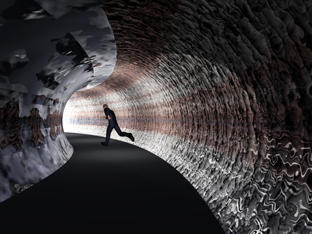 Conceptual 3D business man, dark road tunnel with bright light at the end backgroundの写真素材