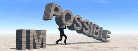Concept conceptual 3D business man lifting an abstract stone impossible text on sky backgroundの写真素材