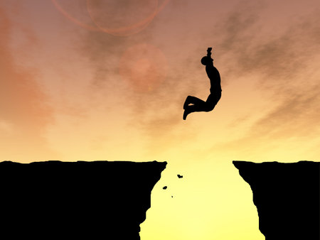 Concept or conceptual young 3D man or businessman silhouette jump happy from cliff over  gap sunset...
