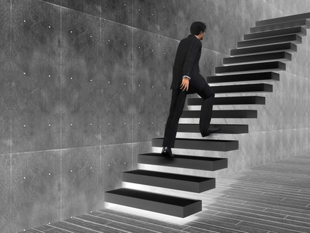 Conceptual business man climbing a stair over a wall and floor