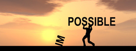 Concept conceptual 3D human man or businessman, black silhouette lifting an impossible or possible text at sunset bannerの写真素材