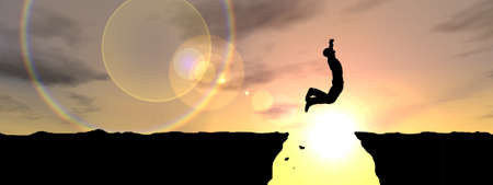 Concept or conceptual business man silhouette jumping at sunset sky background bannerの写真素材