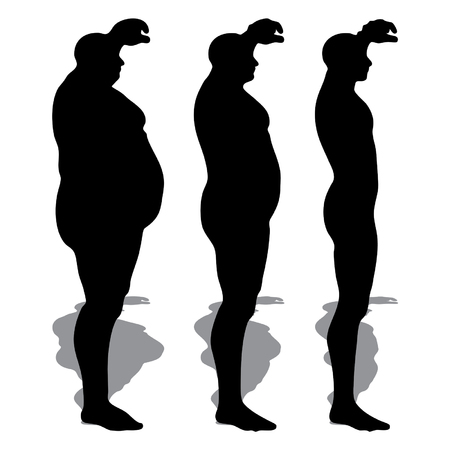 Vector concept or conceptual 3D fat overweight vs slim fit diet with muscles young man isolated on white backgroundのイラスト素材