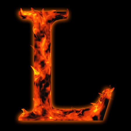 Conceptual red hot burning fire font  in red and orange flames isolated on black backgroundの写真素材