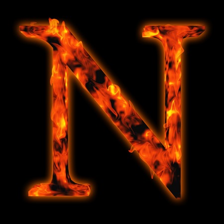 Conceptual red hot burning fire font  in red and orange flames isolated on black backgroundの写真素材