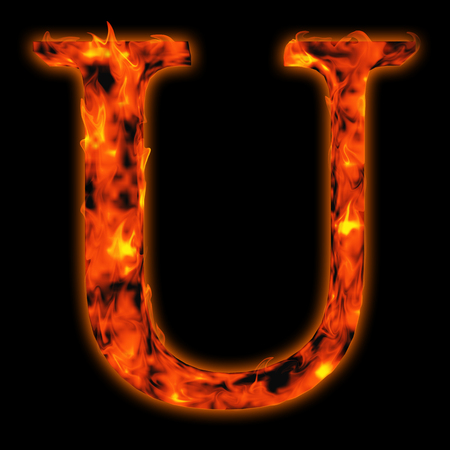 Conceptual red hot burning fire font  in red and orange flames isolated on black backgroundの写真素材