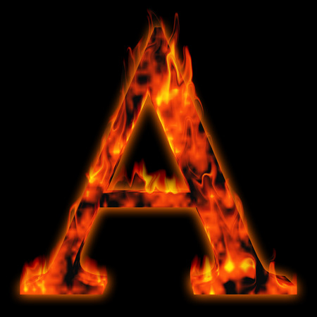 Conceptual red hot burning fire font  in red and orange flames isolated on black backgroundの写真素材