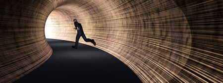 Conceptual 3D business man, dark road tunnel with bright light at the end background bannerの写真素材