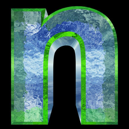 Conceptual 3D blue water or ice font part of set or collection isolated on black background for winterの写真素材