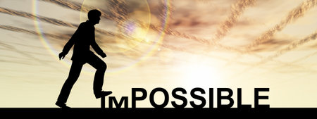 Concept conceptual 3D human man or businessman as black silhouette stepping over impossible or...