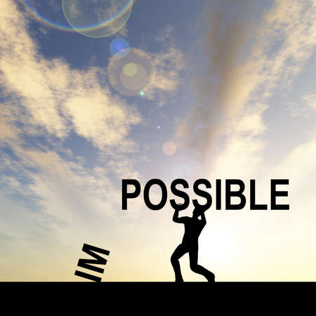 Concept conceptual 3D human man or businessman, black silhouette lifting an impossible or possible text at sunsetの写真素材