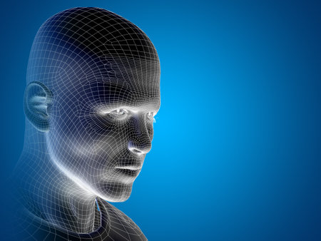 Concept or conceptual 3D wireframe young human male or man face or head on blue background