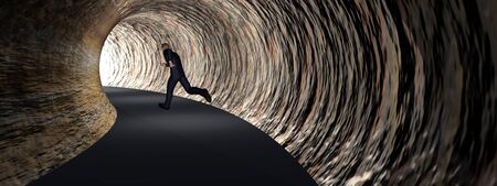 Conceptual 3D business man, dark road tunnel with bright light at the end background bannerの写真素材