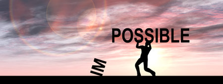 Concept conceptual 3D human man or businessman, black silhouette lifting an impossible or possible...