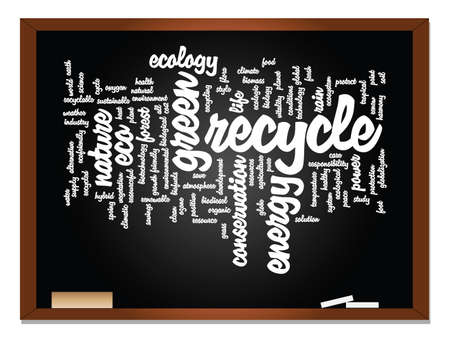 Concept or conceptual abstract green ecology, conservation word cloud text, blackboard and chalk backgroundの写真素材