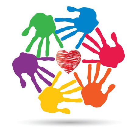 Vector conceptual circle or spiral made of painted human hands with red heart love or health symbolのイラスト素材