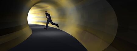 Conceptual 3D business man, dark road tunnel with bright light at the end background bannerの写真素材