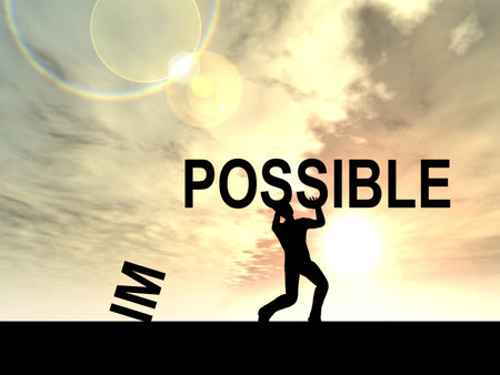Concept conceptual 3D human man or businessman, black silhouette lifting an impossible or possible...