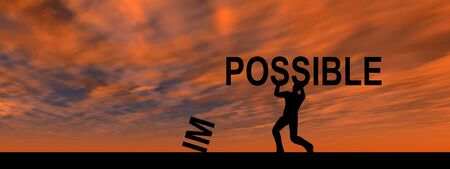 Concept conceptual 3D human man or businessman, black silhouette lifting an impossible or possible text at sunset bannerの写真素材