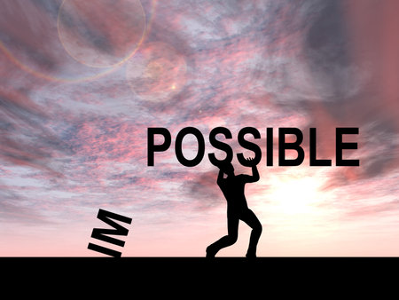 Concept conceptual 3D human man or businessman, black silhouette lifting an impossible or possible...