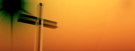 Conceptual glass cross or religion symbol silhouette on water landscape over a sunset or sunrise sky...