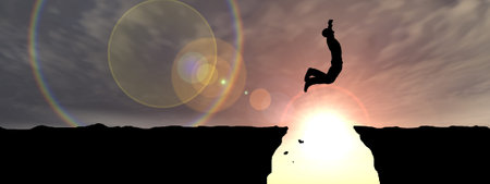 Concept or conceptual young 3D man or businessman silhouette jump happy from cliff over  gap sunset...