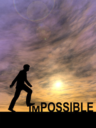 Concept conceptual 3D human man or businessman as black silhouette stepping over impossible or...