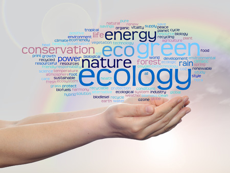 Conceptual ecology word cloud in hands over rainbow sky backgroundの写真素材