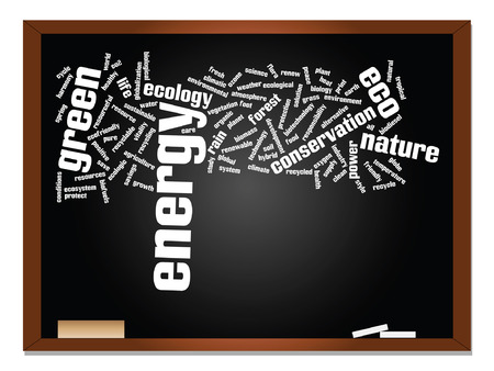 Vector concept or conceptual abstract green ecology, conservation word cloud text, blackboard and chalk backgroundのイラスト素材