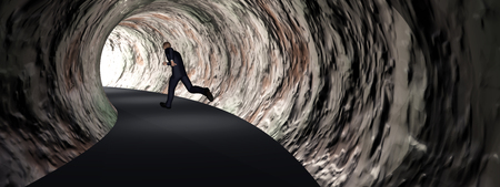 Conceptual 3D business man, dark road tunnel with bright light at the end background bannerの写真素材